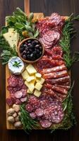 Gourmet Charcuterie Board with Assorted Cheeses and Salami photo