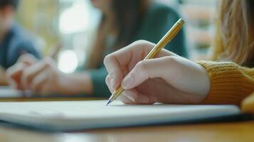 Close-up of a person writing in a notebook photo