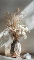 Rustic Dried Flower Arrangement in Stone Vase with Crystals photo