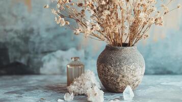 Dried Flowers, Crystals, and a Rustic Vase A Peaceful Still Life photo