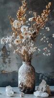 Stunning Dried Flower Bouquet in Rustic Vase with Crystals photo