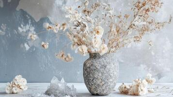 Dried Floral Arrangement in a Rustic Vase with Crystals photo