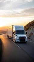Modern Freight Truck on Scenic Highway at Sunrise photo
