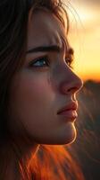 A Woman's Sadness at Sunset A Profound Portrait of Emotion photo