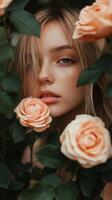 Radiant Beauty Amidst Roses A Captivating Portrait photo