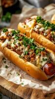 Gourmet Hot Dog with Melted Cheese and Toppings photo