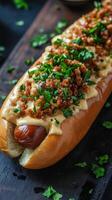 Gourmet Hot Dog with Creamy Sauce and Crumble Topping photo