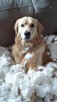 Golden Retriever Covered in Feathers - A Messy Playtime photo