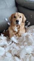 Golden Retriever's Feather-Filled Couch Chaos photo