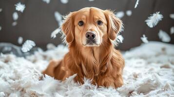 A golden retriever having fun with feathers photo