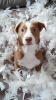 A playful dog in a messy pile of feathers photo