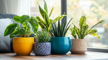 Vibrant Foliage in Decorative Pots by the Window for Home Decor, Botanical Still Life, Fresh and Natural Living photo