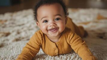 Radiant Joy A Captivating Portrait of a Smiling Baby, Embracing Innocence and Happiness in a Cozy, Warm Home Environment with Soft, Tender Light photo