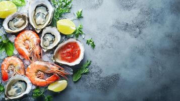 Exquisite Seafood Platter Fresh Oysters and Shrimp with Lemon on Ice, a Gourmet Culinary Delight for a Nutritious and Delicious Dining Experience photo