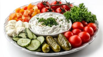 Culinary Canvas A Vibrant Medley of Fresh Vegetables, Creamy Dip, and Tangy Pickles - A Symphony of Flavors and Textures on a Plate photo