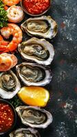 Exquisite Seafood Platter Fresh Oysters, Shrimp, Lemon and Sauce A Culinary Delight for Gourmet Dining and Healthy Eating Indulgence photo