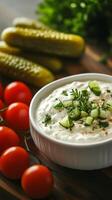 Exquisite Tzatziki Dip with Fresh Cucumber, Dill, and Pickles on a Rustic Wooden Table, a Culinary Still Life with Tomatoes and Parsley, Close-Up photo