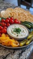 Fresh Vegetables, Creamy Dip, and Crispy Crackers for a Healthy and Delicious Appetizer Experience photo
