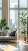 Sun-Kissed Serenity A Modern Living Room Interior with City View and Lush Greenery, Inviting Comfort and Style into a Bright and Airy Space photo