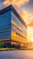 Modern Glass Building Reflecting Golden Sunset A Stunning Architectural Marvel in the City's Skyline, Capturing Light and Urban Design Elegance photo