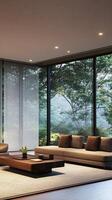 Serene Interior A Modern Living Room with Nature Views, Minimalist Design, and Cozy Furniture for Elegant Home Decor and Relaxation photo