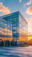 Modern Glass Building Reflecting Sunset Sky A Symphony of Urban Architecture, Sky, and Light in a Captivating Commercial Landscape photo