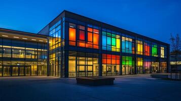 Modern Architecture A Vibrant Building with Colorful Windows at Dusk, an Urban Design Marvel with Geometric Facade and Illuminated City View photo