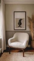 Serene Interior with Plush Chair, Abstract Portrait, and Pampas Grass Decor A Minimalist Home Design for Cozy Relaxation and Stylish Comfort photo