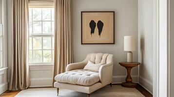 Elegant Interior with Cozy Chair, Artwork, and Natural Light - A Stylish Home Design for Relaxation and Comfort in a Serene Setting photo