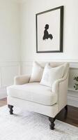 Elegant Armchair with Silhouette Artwork in a Bright, Cozy Room - A Stylish Interior Design for Relaxing at Home, Featuring Neutral Colors and Clean Lines photo