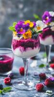 Berry Dessert Parfait with Edible Flowers A Symphony of Flavors and Colors, a Refreshing Treat with Raspberries, Blueberries, and Creamy Yogurt photo