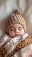 Peaceful Slumber A Portrait of a Sleeping Baby Wrapped in Cozy Blanket and Hat, Capturing Innocence, Serenity, and the Beauty of Early Childhood photo