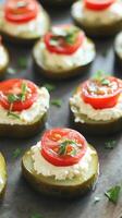 Pickle Bites Cream Cheese, Tomato Appetizer - A Fresh, Healthy Snack for Parties and Events with Delicious Gourmet Culinary Presentation photo