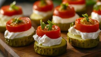 Delectable Appetizer Tomato, Cream Cheese, and Pickle Bites on a Wooden Board photo