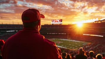 Fans Cheer Under Sunset Lights at an American Football Game, Creating an Unforgettable Atmosphere of Passion and Rivalry photo