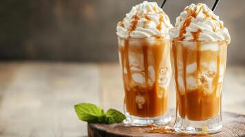Iced Caramel Coffee Frappe A Delicious and Refreshing Sweet Beverage with Whipped Cream Topping on a Wooden Table, Perfect for a Hot Day photo