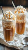 Iced Caramel Frappe A Sweet Symphony of Coffee, Cream, and Caramel Delight. Perfect Summer Refreshment in a Glass with Whipped Topping. photo