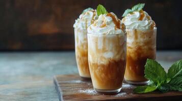 Iced Caramel Coffee Frappe with Whipped Cream and Mint A Refreshing and Delicious Drink for a Hot Day, Served in a Glass on a Wooden Table photo