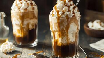 Decadent Caramel Root Beer Float A Sweet Indulgence with Creamy Vanilla Ice Cream, Whipped Topping, and Rich Caramel Syrup on a Wooden Table photo