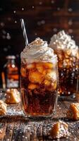 Iced Cola Indulgence A Refreshing Soda with Whipped Cream, Caramel, and Festive Charm for a Gourmet Treat on a Rustic Wooden Table photo
