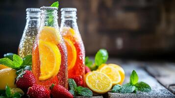 Refreshing Citrus Infusion A Symphony of Flavors in Every Sip, Featuring Lemon, Orange, Strawberries, and Mint on Rustic Wooden Table photo