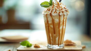 Indulgent Caramel Frappe A Sweet Symphony of Coffee, Cream, and Mint for a Delicious and Refreshing Treat on a Wooden Table in a Cozy Cafe photo