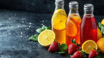 Invigorating Citrus Infusions A Trio of Refreshing Beverages with Lemon, Orange, and Strawberry Accents for a Taste of Summer on a Dark Table. photo