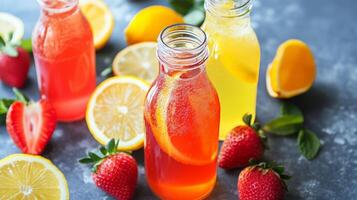 Vibrant Citrus Burst Refreshing Homemade Lemonade with Strawberries, Perfect for Summer Days, Showcasing Freshness and Natural Flavors in a Still Life photo