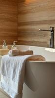 Serene Bath Still Life A Harmony of Cleanliness and Comfort with Towels, Soap, and Faucet in a Modern Bathroom Interior, Evoking Relaxation and Wellness. photo