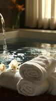 Serene Spa Escape Fresh Towels, Water, and Delicate Orchids for Ultimate Relaxation and Wellness in a Luxurious Hotel Bathroom photo