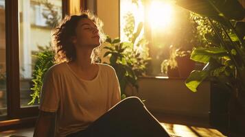Serene Woman Embracing Sunlight Indoors Surrounded by Lush Greenery, Finding Peace and Tranquility in a Moment of Relaxation and Mindfulness photo