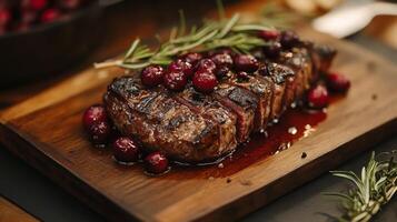 Exquisite Steak with Cranberries and Rosemary A Gourmet Culinary Delight on Rustic Wood, Perfect for Foodies and Fine Dining Experiences photo