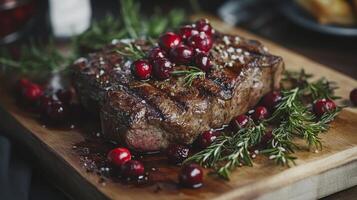 Exquisite Grilled Steak with Cranberries and Rosemary A Culinary Masterpiece on Wooden Board for a Gourmet Dining Experience photo