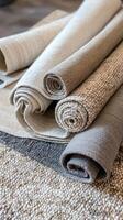 A Symphony of Texture and Comfort for Home Interior Design, Woven Floorcoverings in Beige, Gray and Soft Fabric Rolls photo